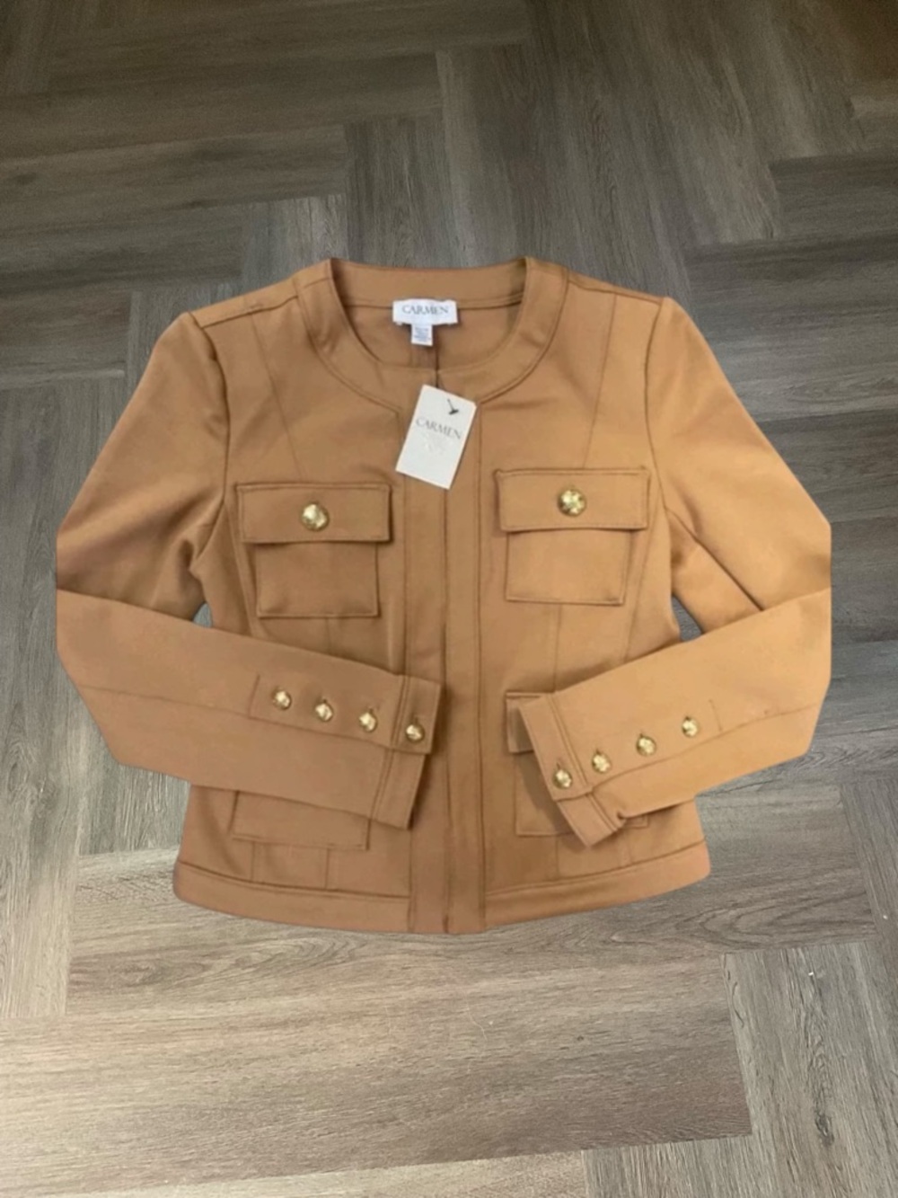 NWT Carmen Marc Valvo‎ Military Jacket Womens XS Camel Tan Petite Gold Button
